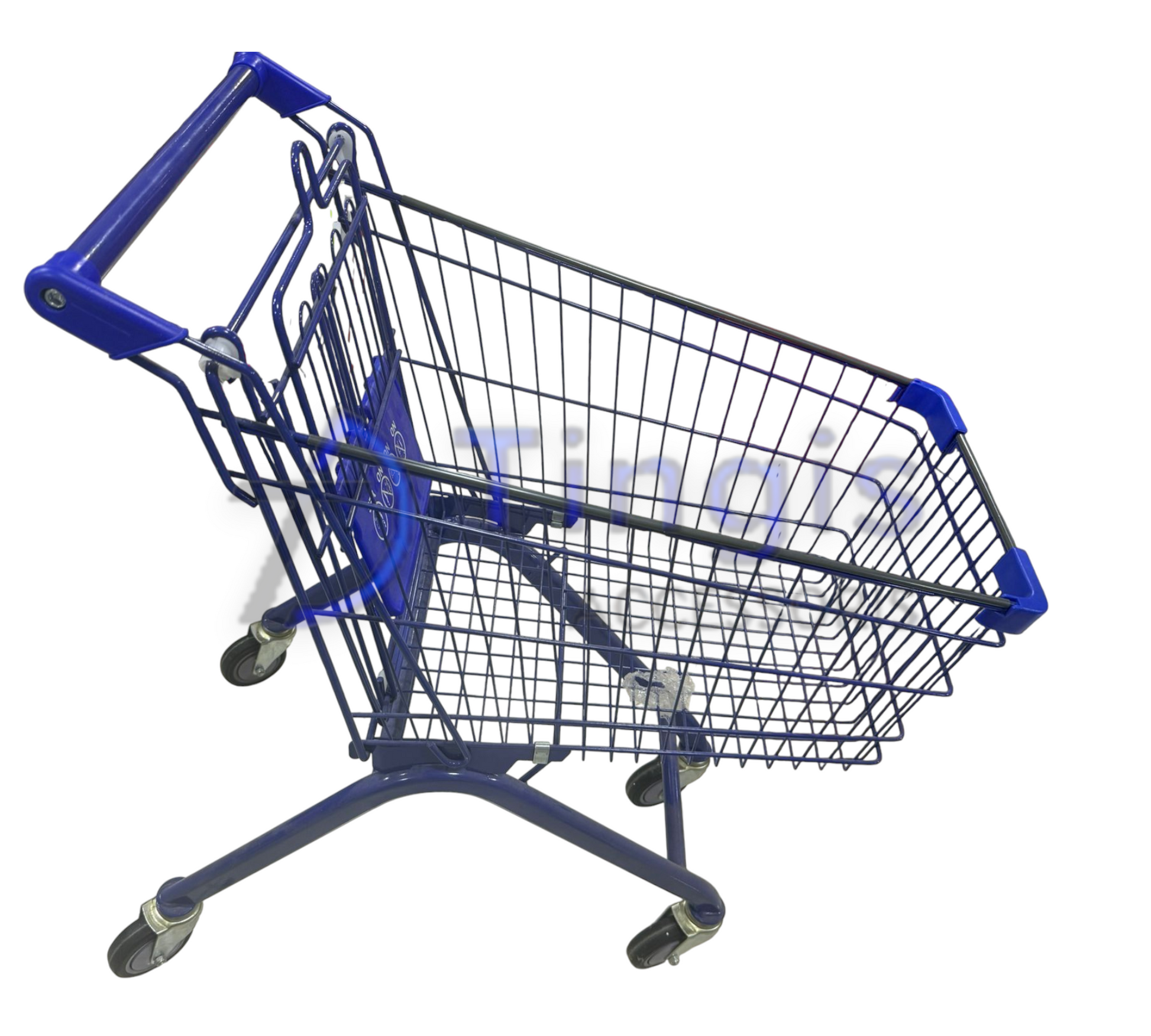 Empty blue metal shopping cart with four swivel wheels, viewed at an angle on a white background.
