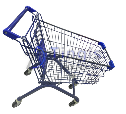 Empty blue metal shopping cart with four swivel wheels, viewed at an angle on a white background.