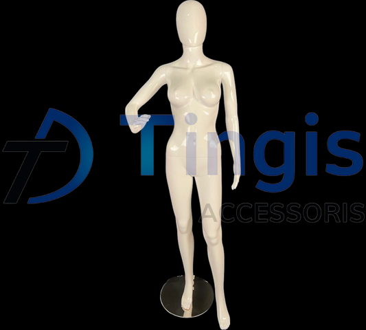 Modern and sleek—a high-gloss white mannequin with a soft waist pose that lets outfits stand out.”