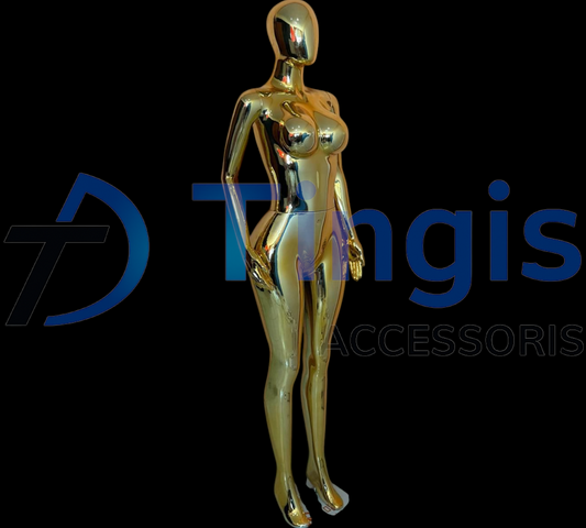 Sleek and glamorous—a mirror-gold mannequin with a gentle lean that makes any outfit shine