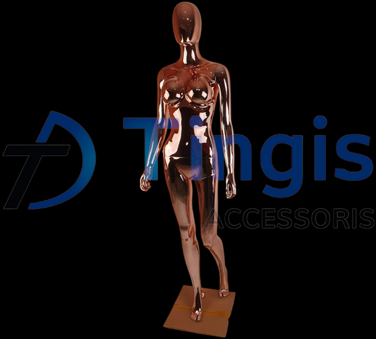 full-body female display mannequin in glossy rose-gold chrome with featureless head; walking/forward-step stance on a square base—great for eye-catching window displays.