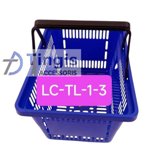 A bright blue plastic shopping basket with a sturdy black handle, ready to carry your groceries.