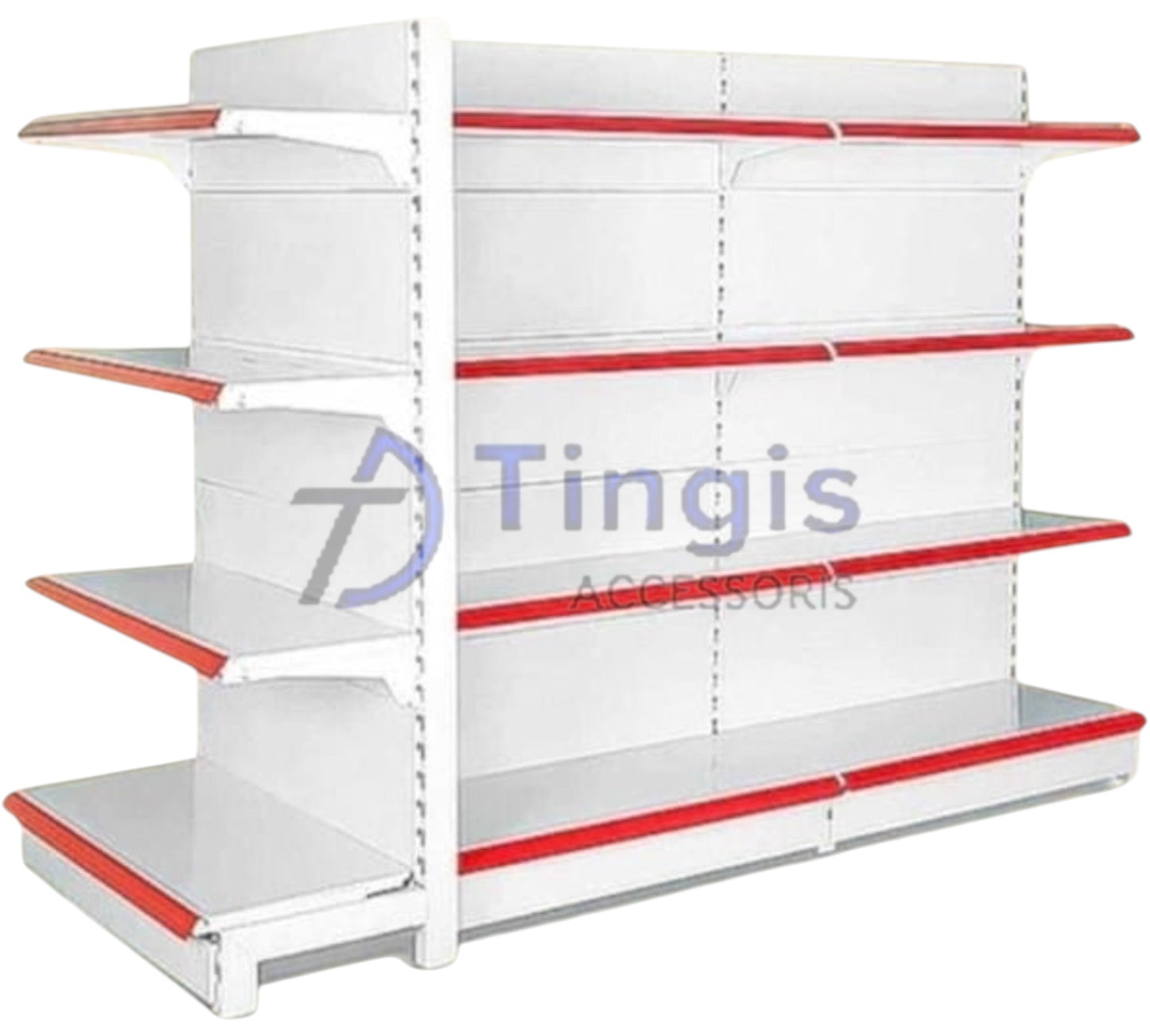 Perfect for displaying products in a store, this white shelving unit has multiple empty shelves accentuated with red trim.