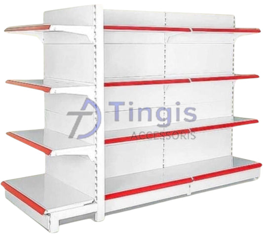 Perfect for displaying products in a store, this white shelving unit has multiple empty shelves accentuated with red trim.