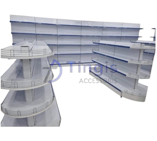 Unbranded shop shelves, curving and straight display units with several tiers, ready to be stocked with a variety of products.