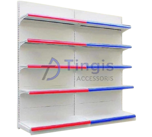 White metal retail wall shelving unit with six flat shelves. Red and blue trim finish around the edge of the shelf. The back panel of the shelf is pierced and freestanding against a wall