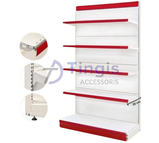 A sleek white-and-red metal shelving unit built for retail use. It has five adjustable shelves plus a sturdy bottom base, each shelf trimmed in red. The back panel is solid with perforations, and the whole unit stands on small feet.