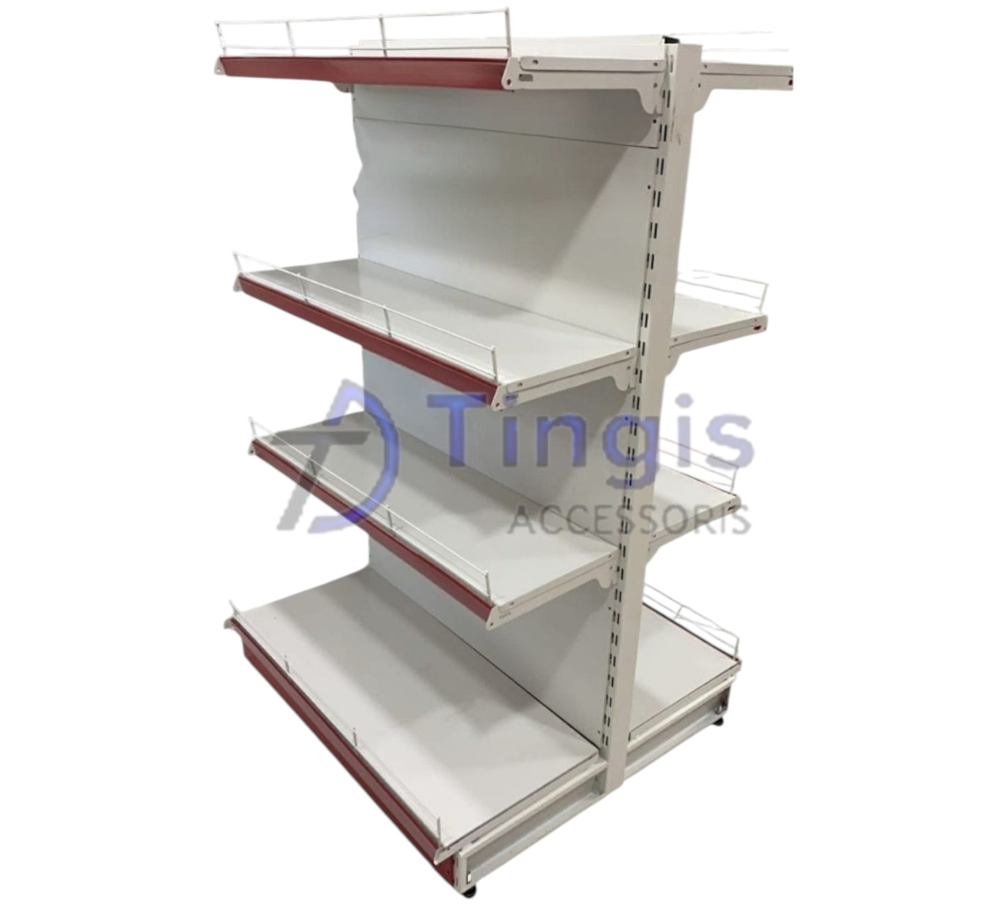 A white and red retail display shelf with four tiers, featuring wire barriers on each shelf.