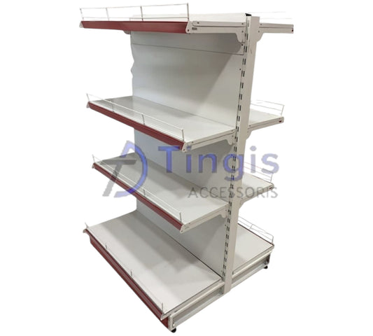 A white and red retail display shelf with four tiers, featuring wire barriers on each shelf.
