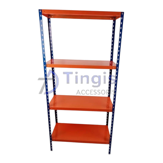 A tall steel shelving unit with bright orange shelves and blue vertical supports, shown frontally against a white background.