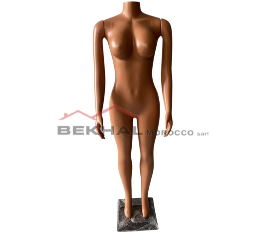 This is a full-body female mannequin with a brown skin tone, standing tall on a square, marble-style base. It features realistic body contours but no head, making it ideal for showcasing women's clothing in stores or displays.