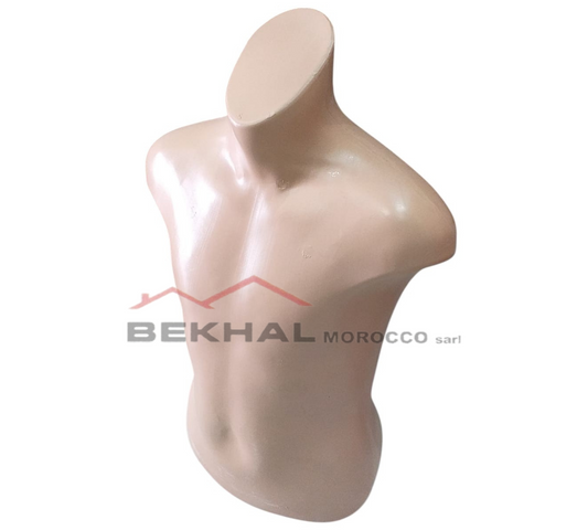 This is a male torso mannequin with a light skin tone and a smooth, headless design. It highlights the chest, shoulders, and upper abdomen, making it perfect for displaying men's tops or jackets. The mannequin looks like it's made of plastic and is ideal for store displays or showroom setups.