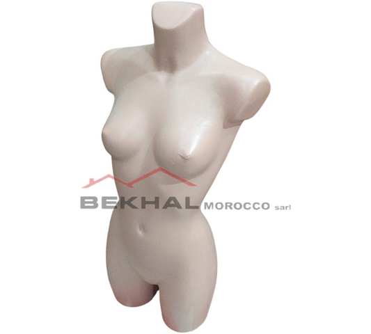 A sleek, minimalist white female mannequin torso (no head or arms), showing just the bust, waist, and upper thighs with smooth, flowing curves