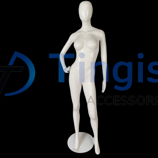 clean and modern—a high-gloss white mannequin striking a casual hip pose that makes outfits stand out.”