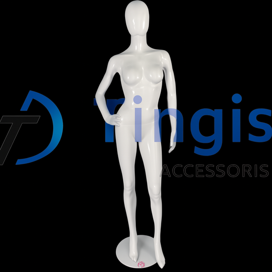 Clean and modern—a high-gloss white mannequin striking a casual hip pose that makes outfits stand out.