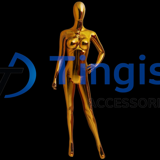 Bold and glamorous—this mirror-gold mannequin strikes a confident hip pose that makes outfits pop