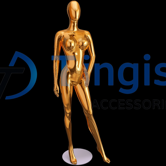 Full-body female display mannequin in glossy gold chrome with featureless head; hand-on-hip, relaxed stance on round base—ideal for window displays.