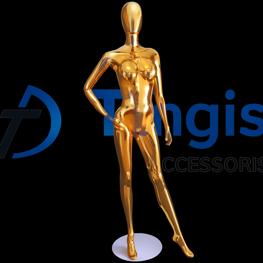 Bold and glamorous—this mirror-gold mannequin strikes a confident hip pose that makes any outfit pop.