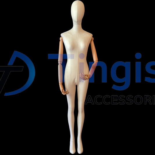 Minimal and versatile—the soft fabric body and poseable wooden arms make this mannequin easy to style for clean, modern displays