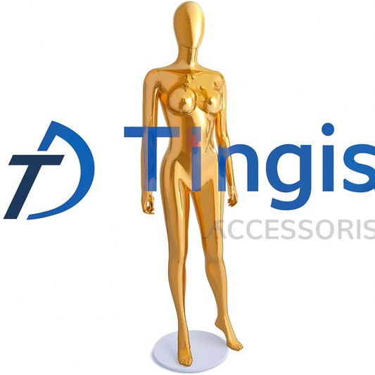 Gold mirror-finish female mannequin on a round base, neutral stance with arms at sides, on white background.
