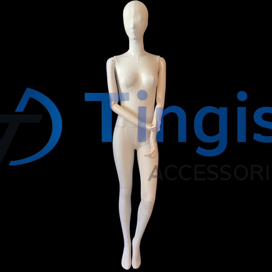 Full-body female display mannequin in white gloss with smooth oval head; gentle front pose with arms crossed at the waist—ideal for window and product photos.