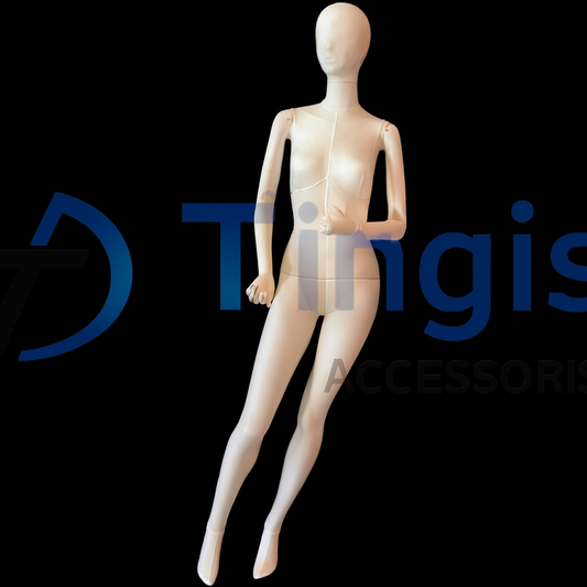 Matte white female mannequin with featureless head in a relaxed, leaning pose; one hand near the waist, legs slightly crossed