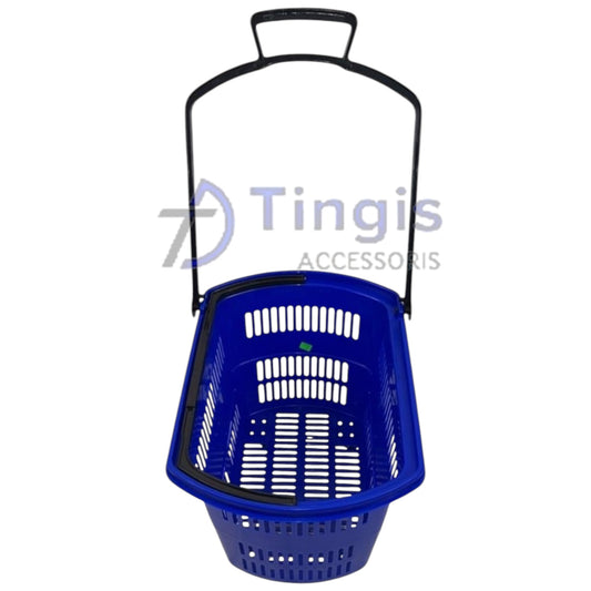 A bright blue shopping basket with a comfortable black handle, open and ready for your groceries, seen from above